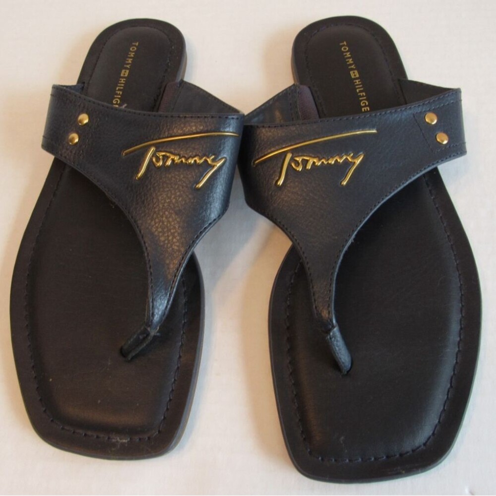 Tommy Hilfiger Dark Blue Thong Slide Flat Sandals Gold Accents Size 7.5M